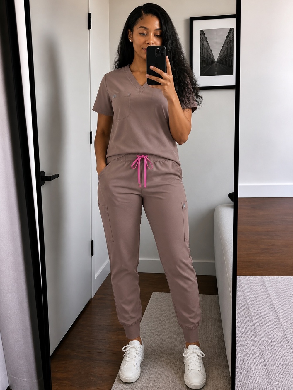 Figs Catrina Top and Zamora Women's Taupe Scrub jogger with Pink SET 4XL - Picture 2 of 5